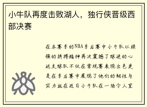 小牛队再度击败湖人，独行侠晋级西部决赛