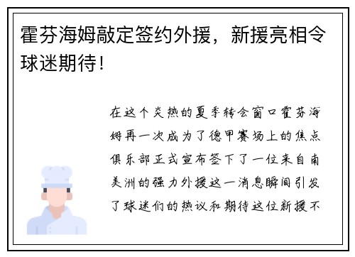 霍芬海姆敲定签约外援，新援亮相令球迷期待！